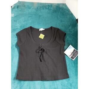 Outlaw Top Size Large Womens Black Short Sleeves Tie Front Ladies Stretch NWT